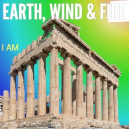Random Ancient Greek building in front of a rainbow sky