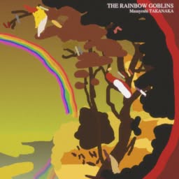 Crude drawing of a few birds, a river, and a rainbow in the forest