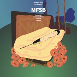 Crude drawing of a giant syringe lying in a coffin